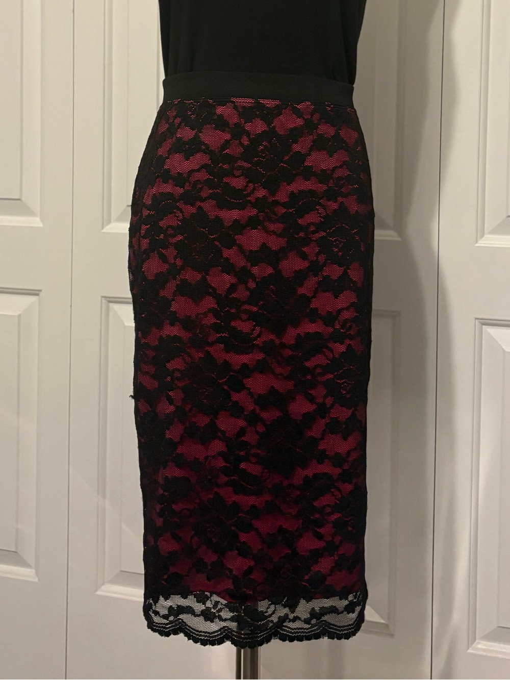 NICOLE Black Stretch Lace Overlay Pencil Skirt with Pink  Underlay